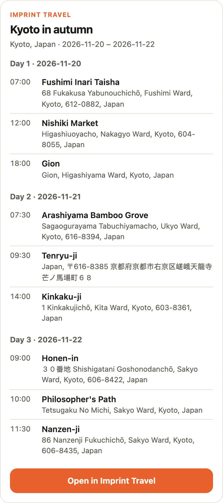 Imprint's trip card: Kyoto in autumn, three days, nine places, and Open in Imprint Travel